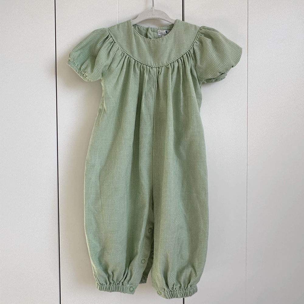 Petit Ami Green & White Check Houndstooth Long Romper 12M